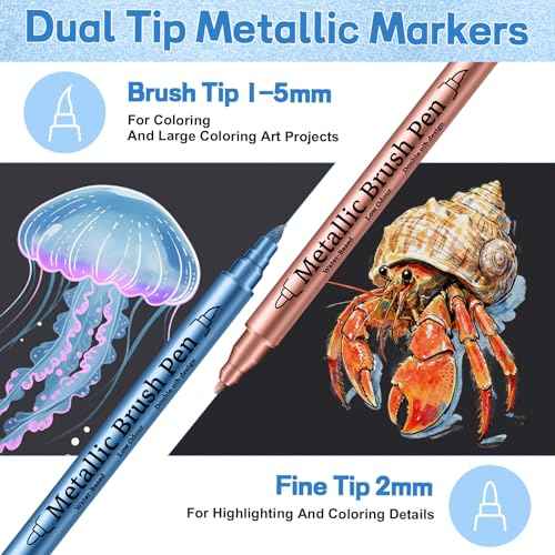 12 Pack Metallic Markers, Dual Tip Glitter Pens for Black Paper & Rock Painting Metallic Acrylic Paint Markers for DIY Crafts, Scrapbooking, Glass, Wood, Cards Alcohol Based Quick Dry Ink