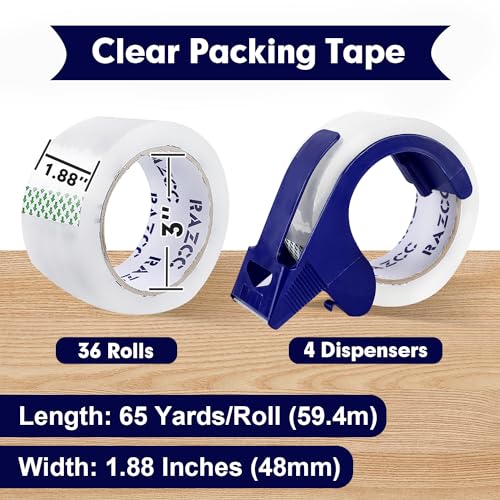 RAZCC Heavy Duty Packing Tape 36 Rolls 1.88" x 65 Yards Clear Dispenser Set