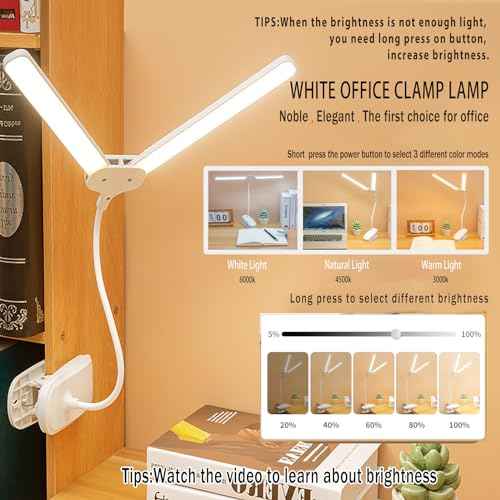 Dual Head LED Desk Lamp with Clamp, Eye-Caring Clip on Lights for Home Office, 4000mAh Rechargeable Battery Operated Table Lamps,3 Lighting Modes & Brightness Dimmer Light for Students (4000)