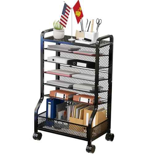 Teacher Rolling Cart Storage Organizer File Folder Rolling File Cart Under Desk 7-Tier Standing File Organizer on Wheels Mesh Paper Letter Sliding Trays for Home Office Study