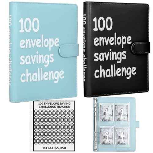 2PCS 100 Envelopes Money Saving Challenge, Envelopes Challenge Binder, Achieving Financial Goals with a Budget Binder and Cash Envelopes, Successfully Reach Your Savings Goals of $5,050 (Blue+Black)