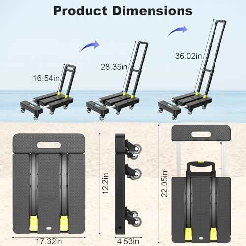 Folding Hand Truck, 500 LBS Heavy Duty Foldable Dolly Cart with Wheels, Telescoping Handle & 2 Elastic Ropes, Portable Luggage Cart for Moving, Travel, Home, Black Yellow