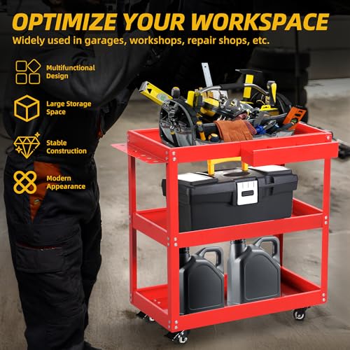 DWVO 3-Tier Rolling Tool Cart, 550lbs Capacity Utility Cart on Wheels, Durable Metal Construction with Screwdriver Board & Storage Box, Ideal for Garage, Warehouse Mechanic Work, Red