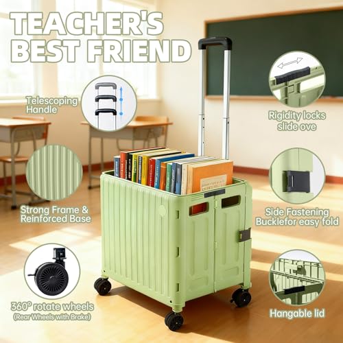 Heavy Duty Rolling Cart for Stairs£ºCollapsible Utility Crate with Wheels & Handle Foldable Tote Box for Toolbox Trade Show Supplies Teachers TODAYGO Mobile Storage Cart with Lid
