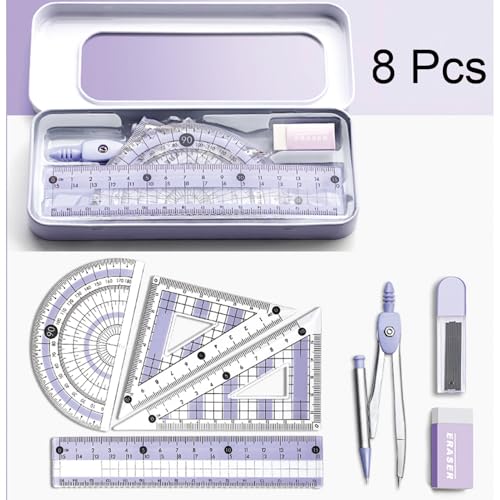 Purple Geometry Set with Compass & Rulers for Drawing - 8 Pcs