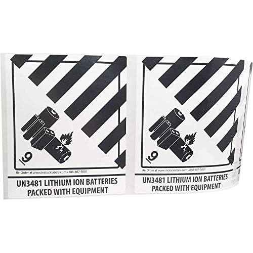 Lithium Ion Batteries Packed with Equipment UN 3481 Hazard 9 (Pre-Printed) Labels 4 x 4.75 Inch 500 Total Stickers on a Roll