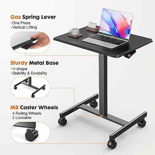 Sweetcrispy Mobile Small Standing Desk - Sit Stand Portable Rolling Laptop Desk with Lockable Wheels, Adjustable Height Computer Workstations, Modern Black