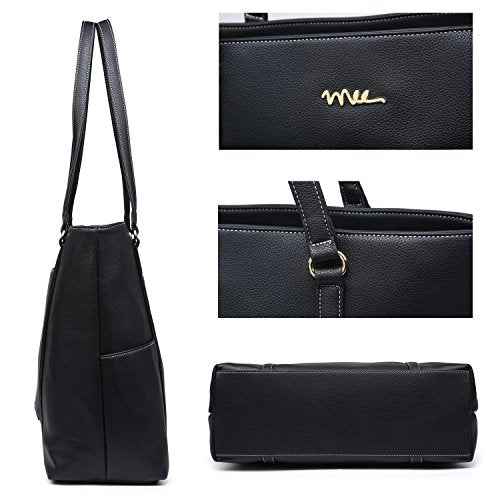 Classic Laptop Leather Tote Bag for 15 15.6 inch Notebook Computers Travel Carrying Bag with Smart Trolley Strap Design - Black