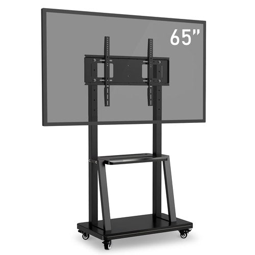 Mobile Height-Adjustable Stand with Locking Wheels for 43-65" Office Screens | Dual Steel Shelves | 176lbs Capacity | Heavy-Duty for Conference Rooms & Presentations