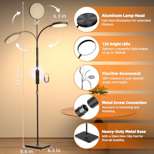 PACOVY Black Adjustable LED Floor Lamp with Remote & Touch Control, Dimmable Reading Light