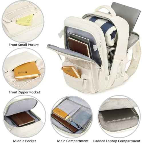 Travel Backpack for Women Men 17 Inch Laptop Backpacks with USB Port Carry on Bag Airline Approved Large College School Bookbags Waterproof Work Business Sport Rucksack Casual Daypack (White)
