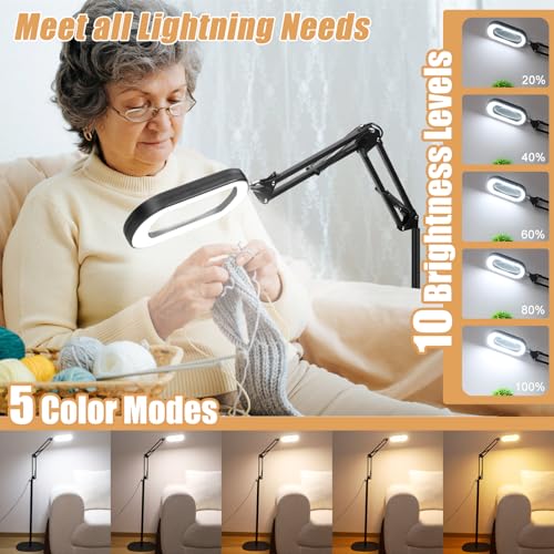 10X Magnifying Glass with Light and Stand, 3-in-1 Magnifying Floor Lamp with Clamp, 5 Color Modes LED Dimmable Standing Magnifier with Light Hands Free for Close Work, Sewing, Painting, Reading