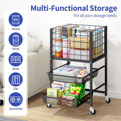 TOOLF 3-Tier Rolling File Cart with 2 Sliding Trays | Metal File Cabinet on Wheels