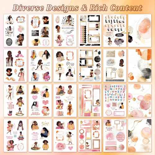 Black Girl Decal Stickers Book For Planners, Calendars, Journals, Vision Boards, Projects, Laptop & Water Bottles ? Premium Quality, Hand Drawn, Waterproof ? Scrapbook Accessories For Women - 24 Pages