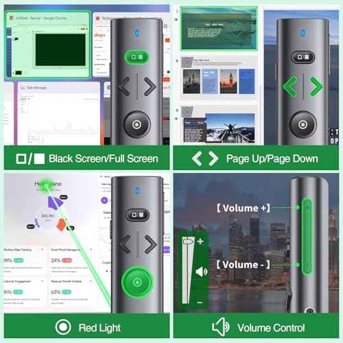 Wireless Presentation Clicker with Green Laser Pointer, Volume Control USB Type C Slide Presenter Remote for Keynote/PPT/Mac/PC/Laptop Office