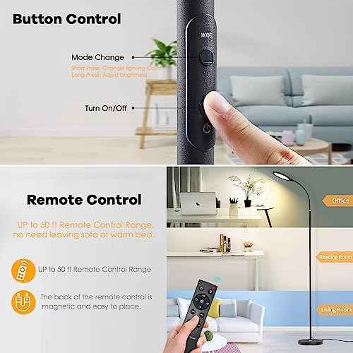 LED Floor Lamps with Remote Dimmable Timing Eye Care Standing Reading Lamp for Living Room Bedroom Office