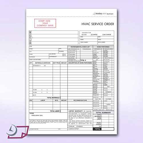 HVAC Service Order Invoice & Repair Detail Form, 3 Part Forms Carbonless (No Company Name Printed) 100 Sets