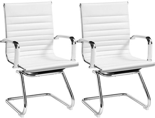 Yaheetech Faux Leather Office Reception Chair Without Wheels Mid Back Ergonomic Guest Chairs for Conference Reception Room Waiting Room, Set of 2 White