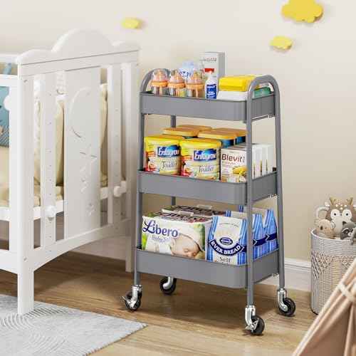 TOOLF Metal Utility Cart No Screw, 3-Tier Easy Assemble Utility Serving Cart, Sturdy Storage Trolley with Handles & Lockable Wheels for Kitchen Garage Bedroom Bathroom, Pure Grey