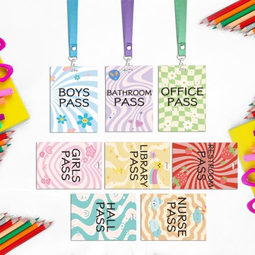 Chambom 8 Sets Classroom Hall Passes with Lanyards - Unbreakable Wooden Student Passes for Bathroom, Library, Nurse, Office, Classroom Supplies