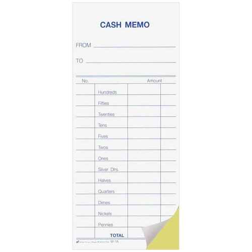2-Part Carbonless Cash Transfer Memo Pads, 2-3/4" x 6-1/4" with Stub, Pack of 500, White & Canary Duplicated Pages, Blue Ink, Detailed Cash Transaction Form