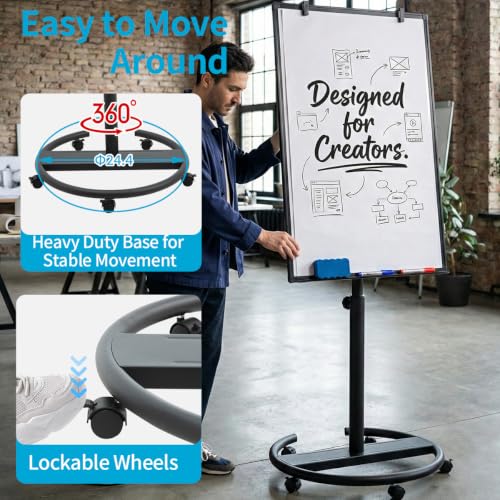 Black Mobile Magnetic Whiteboard on Wheels 36x24 - Adjustable & Portable Dry Erase Easel for Office & Classroom