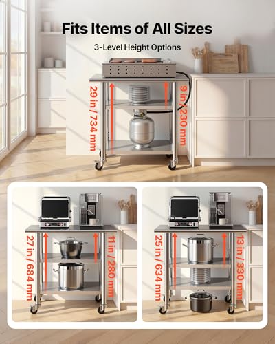 VEVOR 24x36 Stainless Steel Work Table with 2 Shelves & Wheels – Heavy Duty Kitchen Prep Station