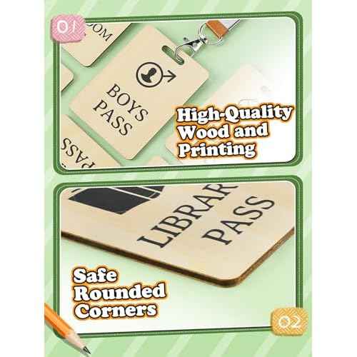8 Sets School Hall Pass Lanyards - Sturdy Wooden Passes for Classrooms Hall Library Office Restroom Nurse Student Teacher Supplies