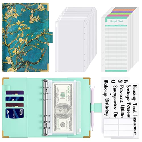 Van Gogh Apricot Tree Budget Binder with Zipper Envelopes - A6 Money Organizer for Savings & Budgeting, Blue Floral PU Leather
