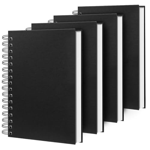 Lined Spiral Notebook A4 Large Black Journal 8.5" x 11"-4 Pack 7mm College Ruled Hardcover Notebooks 160 Pages 100GSM Thick Paper for Note Taking School Office Supplies