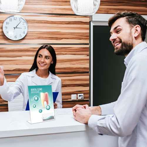 Crtiin 6 Pcs 8.5 x 11 Inch Acrylic Slanted Sign Holder with Business Card Holders Clear Display Stand Flyer Stand with Gift Card Holder for Office Table Advertisement Brochure
