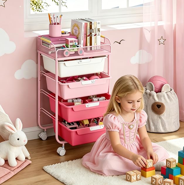 Rose Pink 4-Drawer Rolling Storage Cart with Mesh Top - Gradient Pink