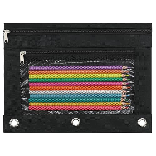 ASBEFORE Black Pencil Pouch for 3 Ring Binder with Zipper & Clear Window