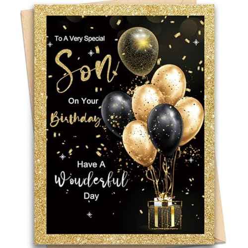 Son Birthday Card for Special Boy - Heartfelt Birthday Greeting from Mom and Dad - Have A Wonderful Day Message with Premium Envelope - 7.1x5.3 Inch Elegant Design