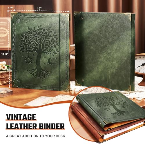 Leather 3 Ring Binder Fits 8.5"x11" Letter Size Paper, 1 Inch Round Ring Binder Holds 200 Sheets, Notebook Cover Loose Leaf Organizer, Green Tree