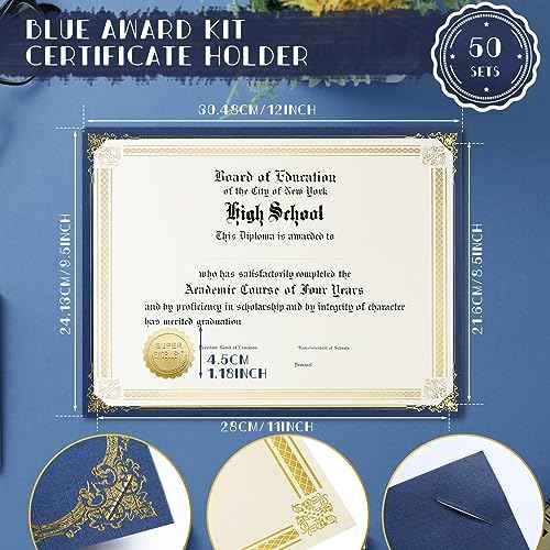 Kosiz 150 pcs Certificate Kit Includes 50 Gold Foil Certificates 50 Single Sided Holders 8.5'' x 11"50 Gold Foil Award Seals for Diplomas, Awards, and Accomplishments(Blue)