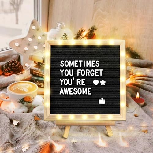 Black Felt Letter Board with Lights - 10x10 Inches, Includes 340 Reusable Letters & Built-in LED Lighting - Adjustable Stand for Weddings, Announcements & Party Planning (BlackA / 10x10)