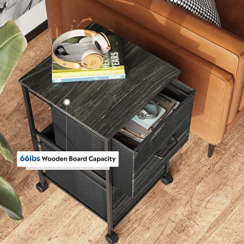 DEVAISE 2 Drawer Mobile File Cabinet, Rolling Printer Stand, Fabric Vertical Filing Cabinet fits A4 or Letter Size for Home Office, Charcoal Black Wood Grain Print