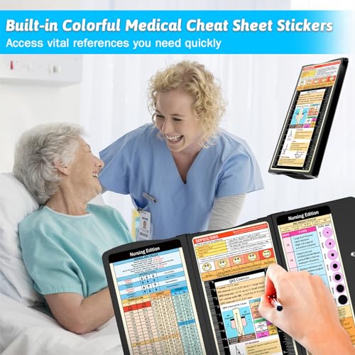 Trustnice Black Foldable Nursing Clipboard with Medical Cheat Sheets - Pocket Size, 3-Layers for Nurses & Doctors