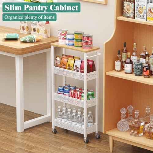 Giwil Slim Rolling Storage Cart 4 Tier Bathroom Organizer Mobile Shelving Unit Utility Cart with Wood Top and Handle for Kitchen Laundry Narrow Places, White