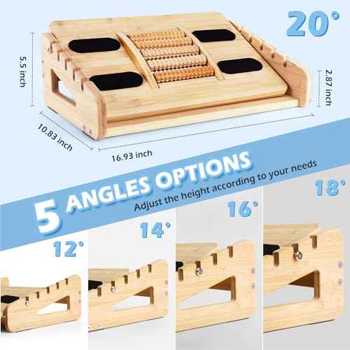 Woodever Foot Rest for Under Desk at Work, Bamboo Dual Side Footrest with Reflexology Massager Roller, 5 Heights Adjustable Foot Stool, Ergonomic Leg Support to Relieve Lumbar, Back, and Knee Pain