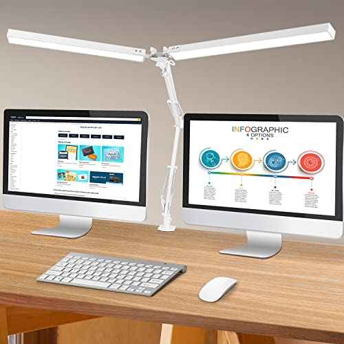 LED Desk Lamp with Clamp, Super Bright Double Head Task Light, 5 Color Modes, 10%~100% Dimmable Brightness, Modern Swing Arm Workbench Light
