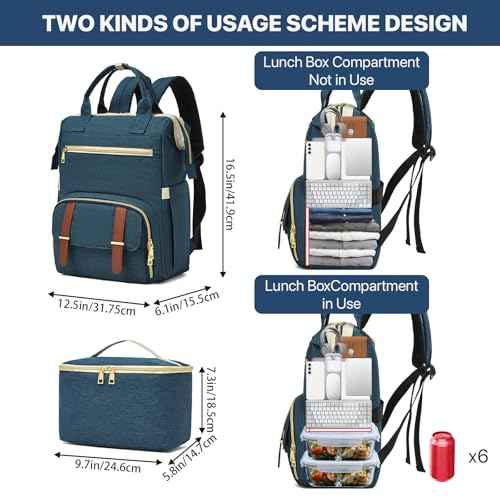 Lunch Backpack, 15.6 Inch Laptop Backpack with USB Port, Stylish Nurse, Teacher and Work Bag with Insulated Cooler Lunch Box for Women, Blue