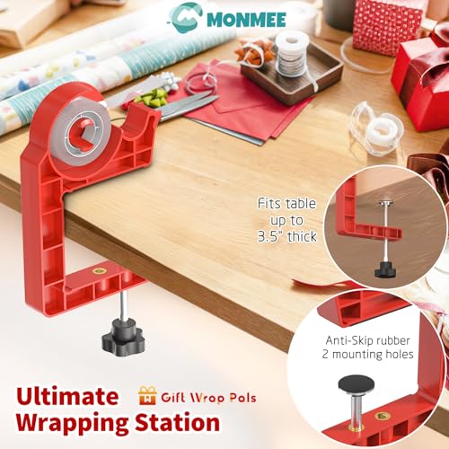 Monmee Christmas Red Tabletop Gift Wrapping Tool with Tape Dispenser 2-Pack – Adjustable Wrapping Paper Clamps