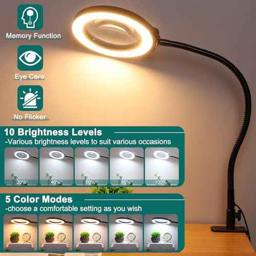 10X Magnifying Glass with Light and Clamp, 5 Inch Real Glass Magnifying Desk Lamp with Stand, Long Gooseneck, 5 Color Modes Lighted Magnifier Hands Free for Crafts Painting Jewelry Close Work