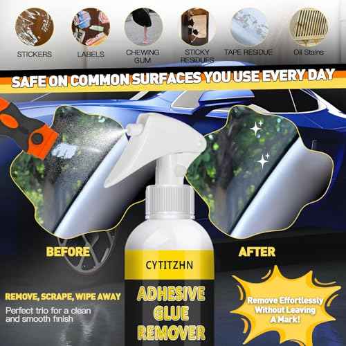 Adhesive Remover - Powerful Sticker & Glue Remover Spray for Cars, Removes Labels, Stickers, Decals, Tape Residue from Car Glass, Paint & Windows with Scraper, Razor Blades, and Towel - 3.4oz/100ml