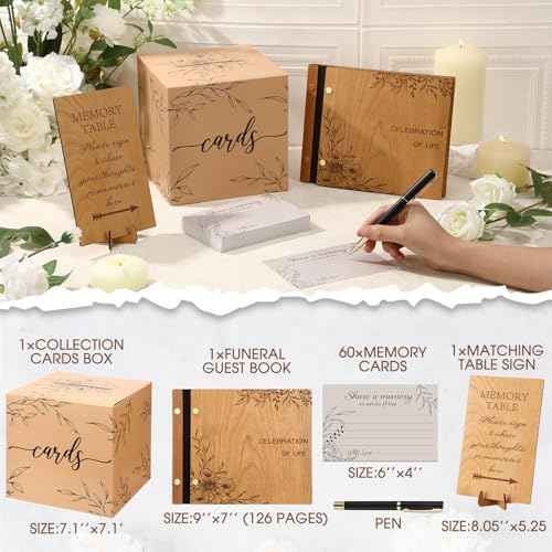 Yexiya 64 Pcs Celebration of Life Guest Book Set, Cherry Wood Funeral Guestbook with Floral Laser Engraving, 60 Share a Memory Cards, Card Box, Sign & Pen for Memorial Service Farewell Party