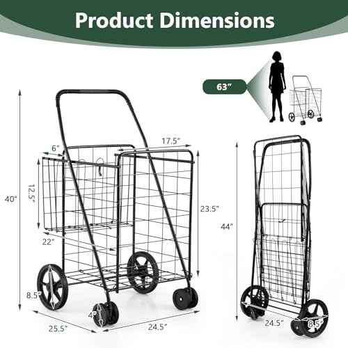 Byroce Folding Shopping Cart, Jumbo Grocery Cart on Wheels w/Double Basket, Portable Handle & Rolling Swivel Wheels, Heavy Duty Utility Cart for Groceries Laundry Book Travel Luggage (Black)