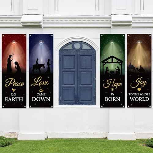 4Pcs Welcome Religious Christmas Banners for Church Sanctuary Wall - Hanging Backdrop Nativity Scene Banner Scripture - Holiday Porch Signs for School Nativity Decor