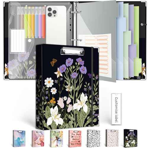 3 Ring Binder 1 Inch, Three Ring Binders Organizer with Clipboard, 5-Tabs Pockets Dividers, Plastic Folder, 18 Divider Stikers, BVSSX Pretty Binder with Pen Loop (Black Weeds, Letter Size)